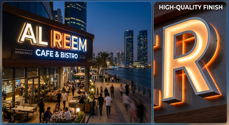 Premium 3D LED storefront signage designed and installed by the best signboard company in Abu Dhabi.